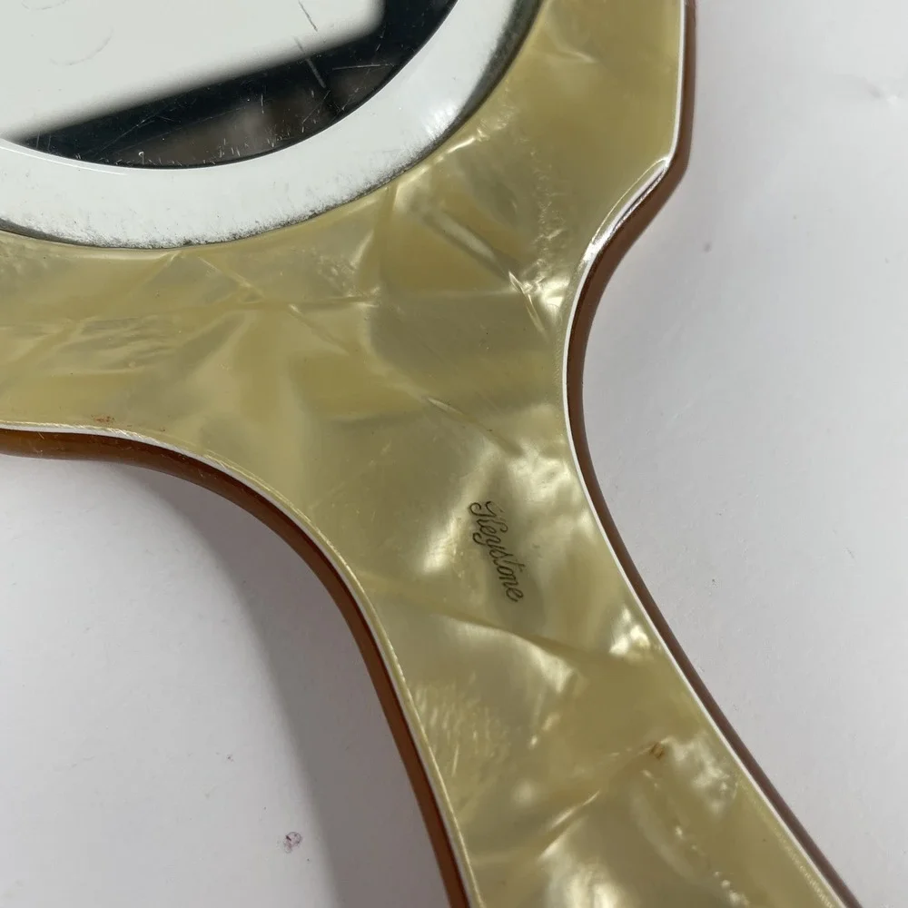 Vtg Keystone Art Deco Vanity Plastic Celluloid Dresser Hand Mirror Pearlized‎